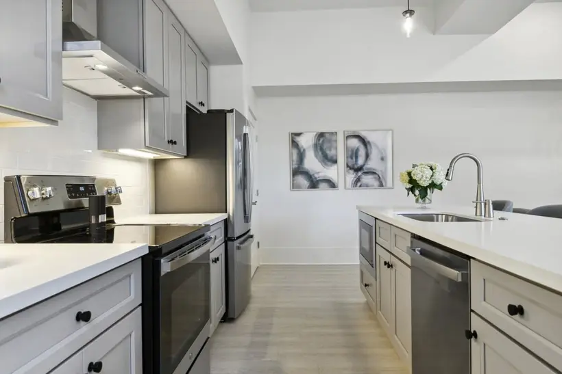 Kitchen with electric range, stainless refrigerator and dishwasher